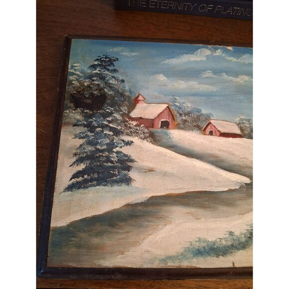 Vintage Winter Landscape Oil Painting On Wood Rustic Mid-Century 12.75" x 8.5" - Picture 7 of 9